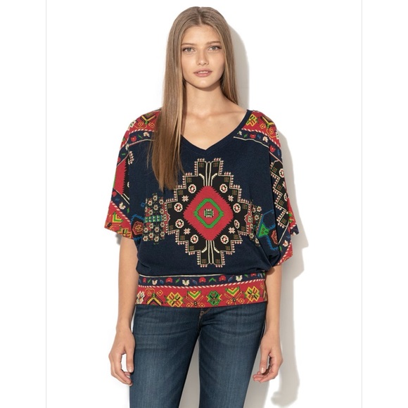 Desigual Tops - Desigual Paolina Top Wide Sleeves Southwest Aztec Print Tie Back Boho Sz XL